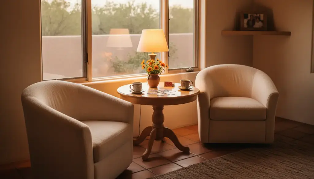 Two armchairs by a window in evening lamplight with a card game and two cups of tea between them