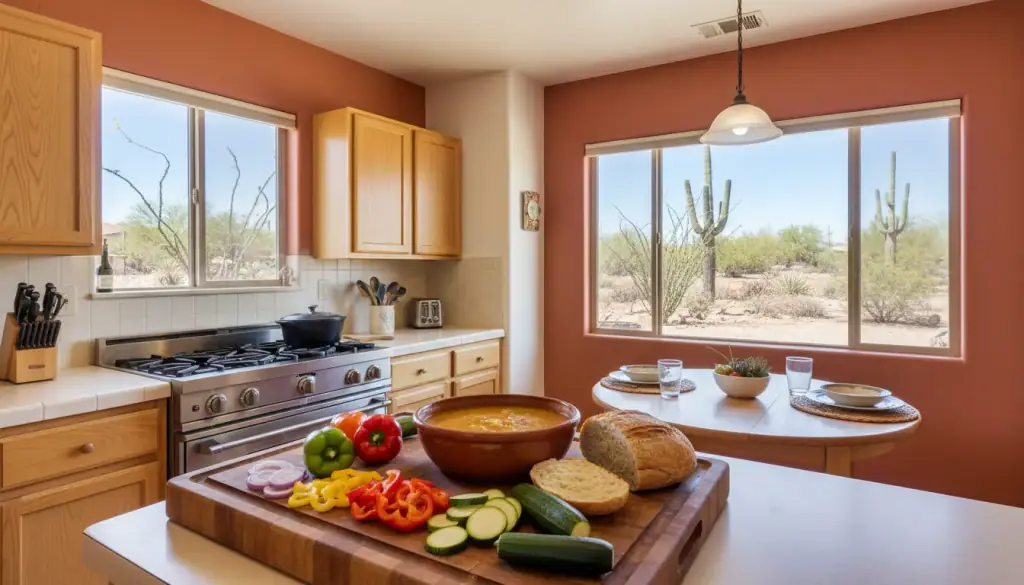 A home kitchen counter with a cutting board of sliced vegetables, a bowl of soup and bread