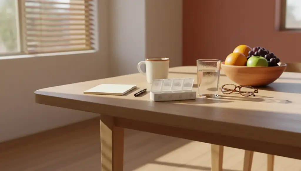 A kitchen table with a weekly pill organizer, a glass of water and reading glasses