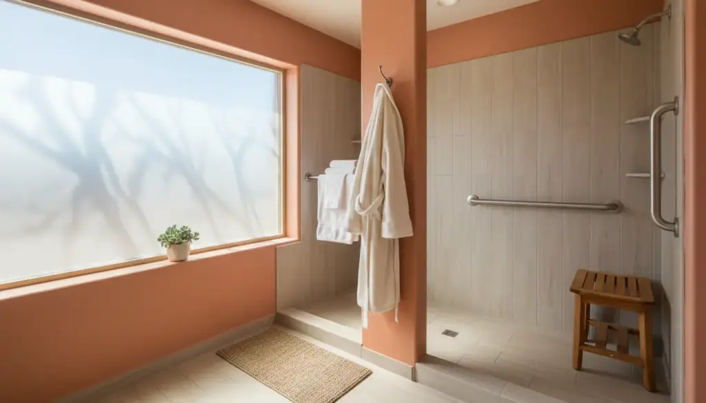 A bright home bathroom with a shower bench, grab bar, folded towels and a robe on a hook