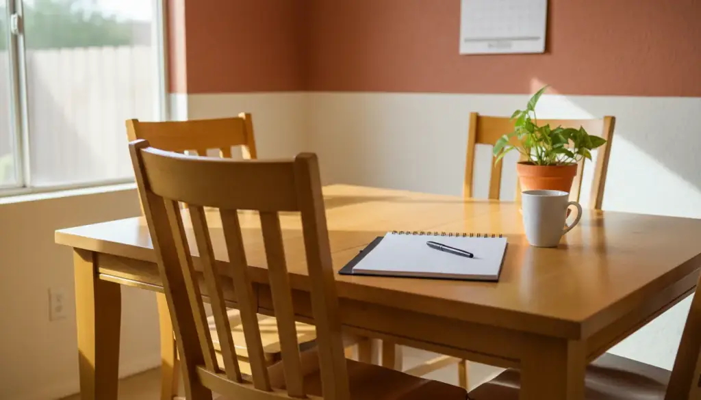 A quiet home interior in warm evening light