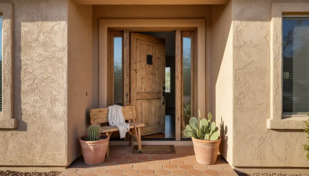 The front door of a Scottsdale stucco home standing open, a bench and walking cane inside the entry